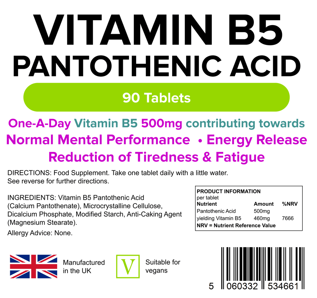 Vitamin B5 Pantothenic Acid 500mg Tablets 90 Tablets